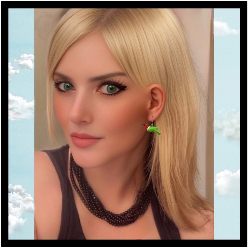 Hand Crafted Wooden Green, white and Red painted bird Earrings